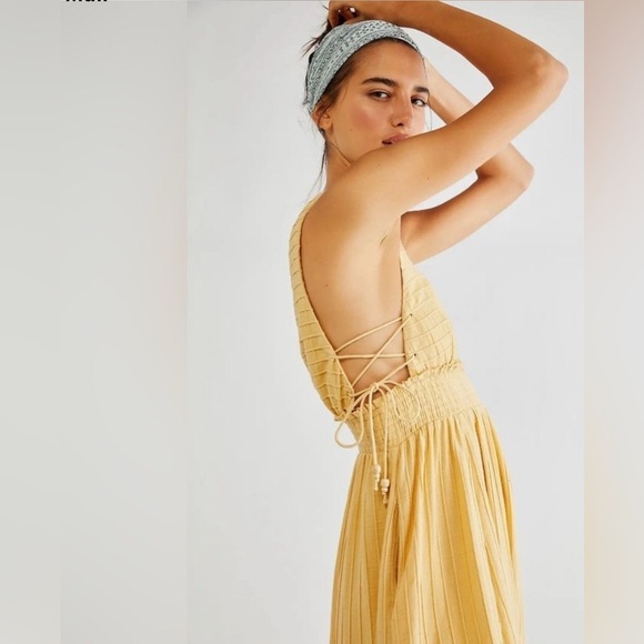 Vintage 90s Free People Yellow Ankle Thick Cotton Sun Dress With Lace Up Sides S - Picture 2 of 13
